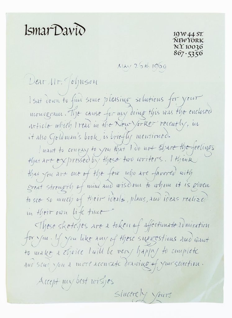 Letter from Ismar David to Lyndon Johnson