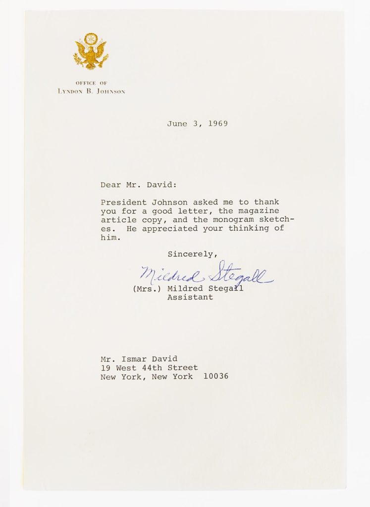 LetterLetter from the office of Lyndon Johnson to Ismar David