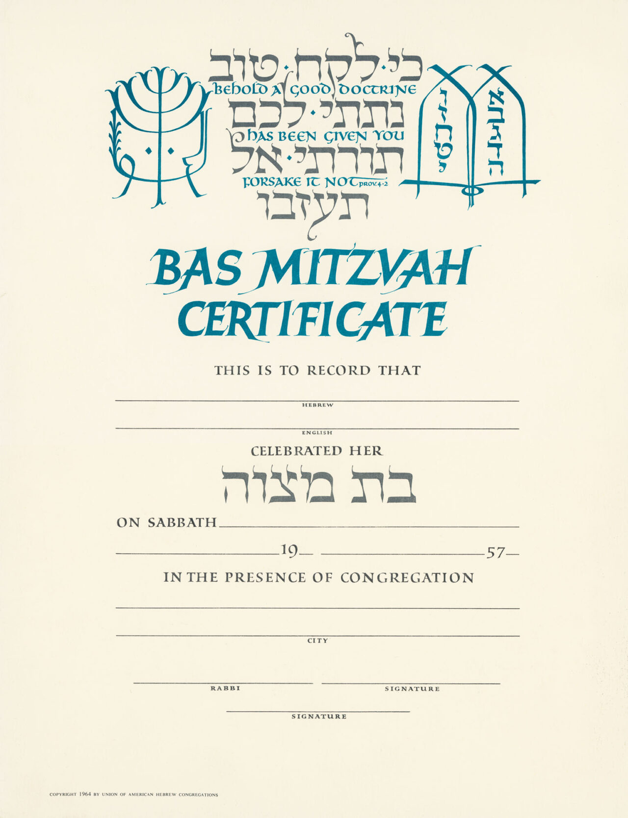 Bas Mitzvah Certificate