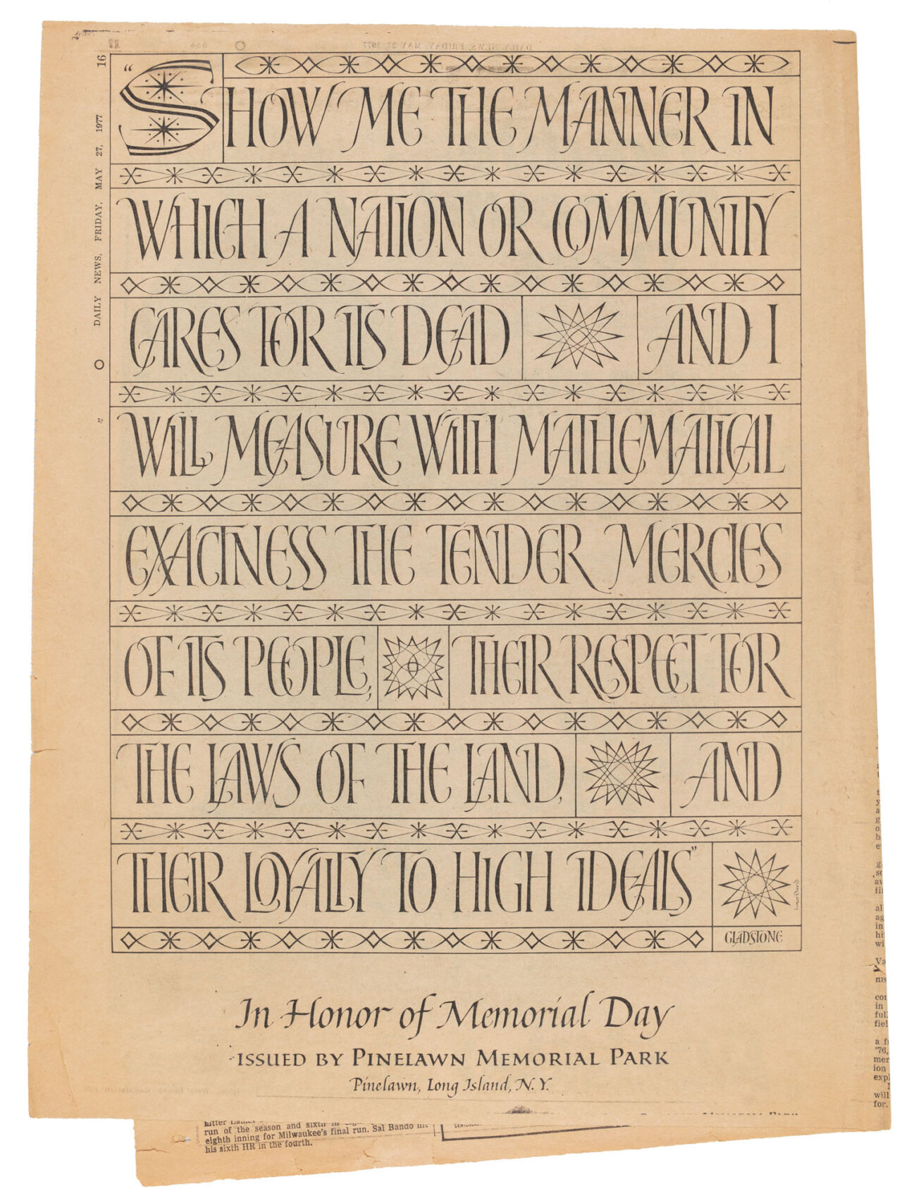 Newspaper ad for Pinelawn Memorial Park